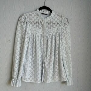 Women's Small Lace Button Down Ruffle Balloon Sleeve Floral Pastel Blue Prairie